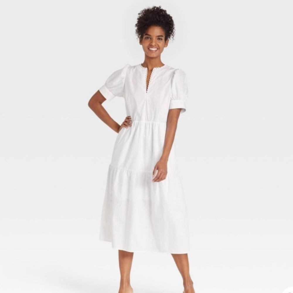 Who What Wear Puff Short Sleeve Lace Tiered Midi Dress White NWT XL